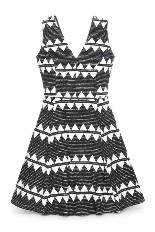 Front view of H&M women’s black geometric polyester fit & flare, size M, v-neck pullover