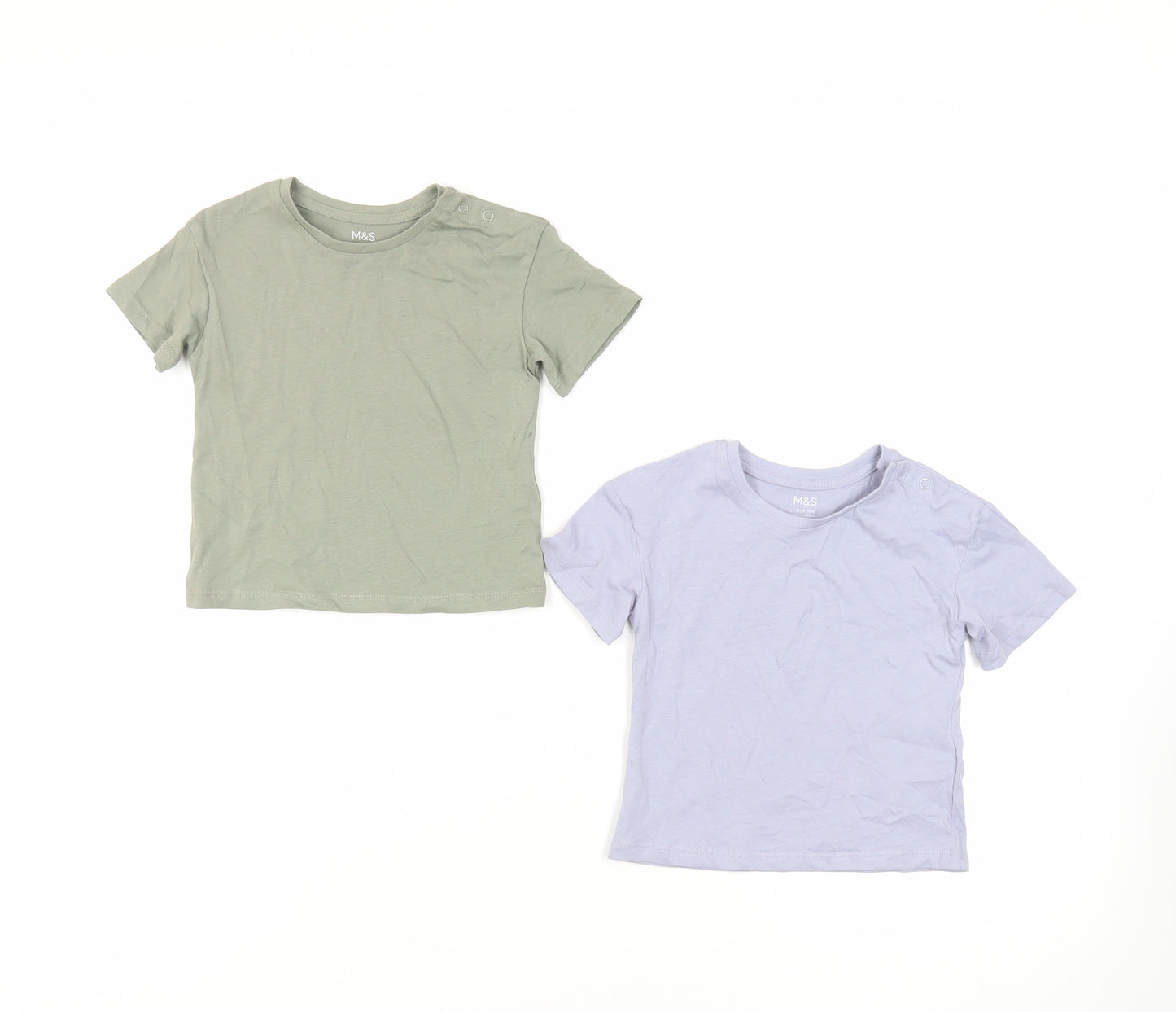Marks and Spencer Baby Green Cotton Basic T-Shirt Size 12-18 Months Crew Neck Snap - Set
