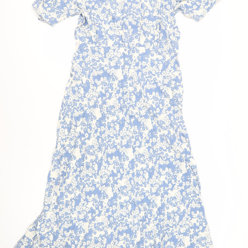 Marks and Spencer Womens Blue Floral Viscose Maxi Size 14 Round Neck Zip