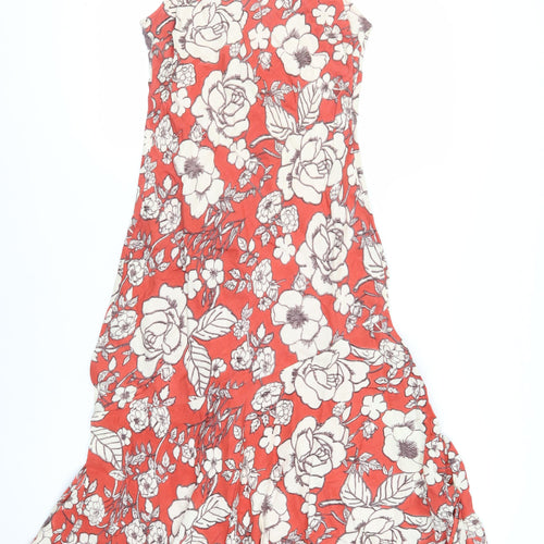 Pomodoro Womens Red Floral Linen Tank Dress Size 10 Round Neck Pullover - Beaded Neckline