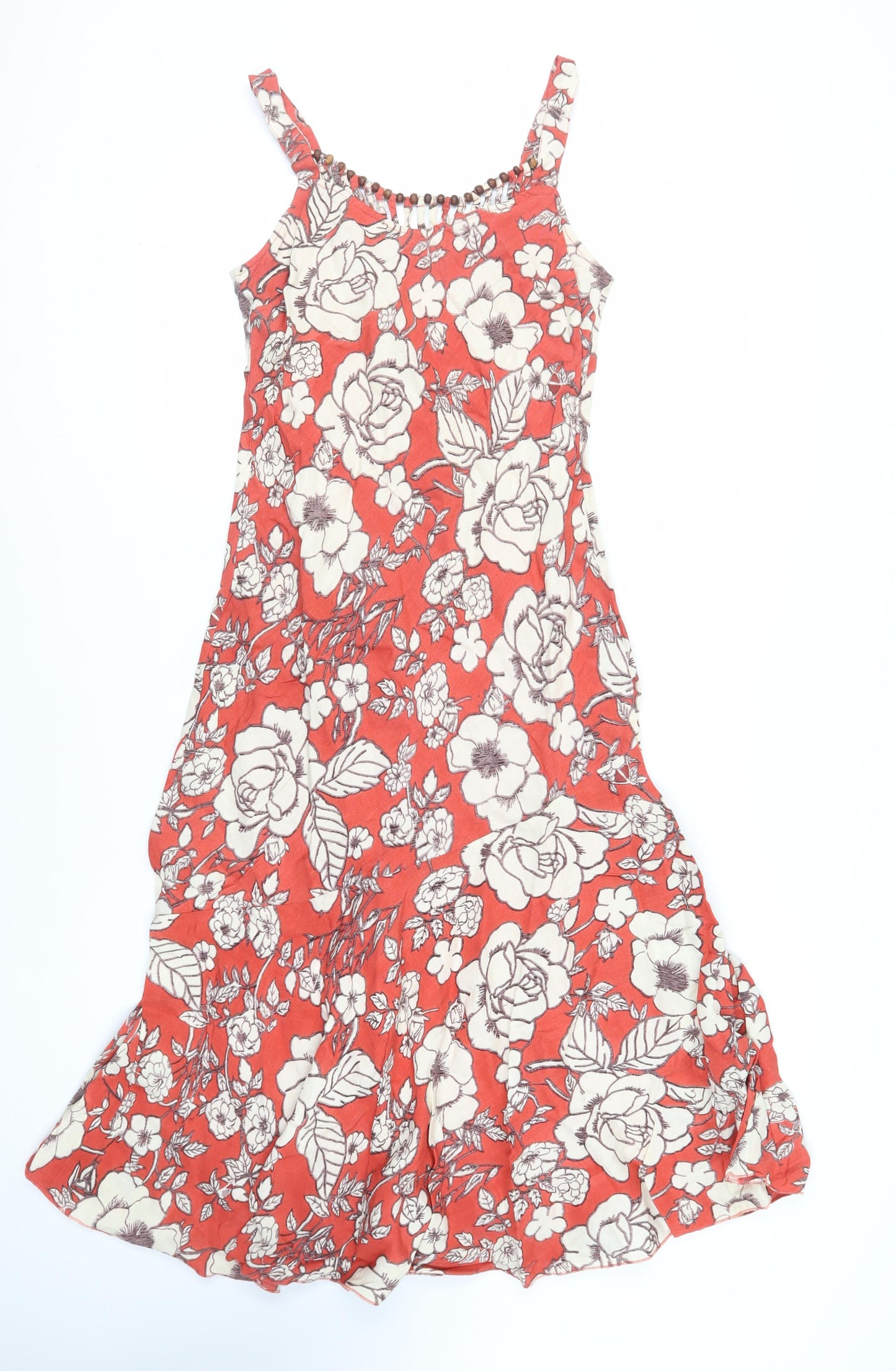 Pomodoro Womens Red Floral Linen Tank Dress Size 10 Round Neck Pullover - Beaded Neckline