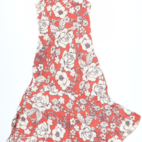 Pomodoro Womens Red Floral Linen Tank Dress Size 10 Round Neck Pullover - Beaded Neckline