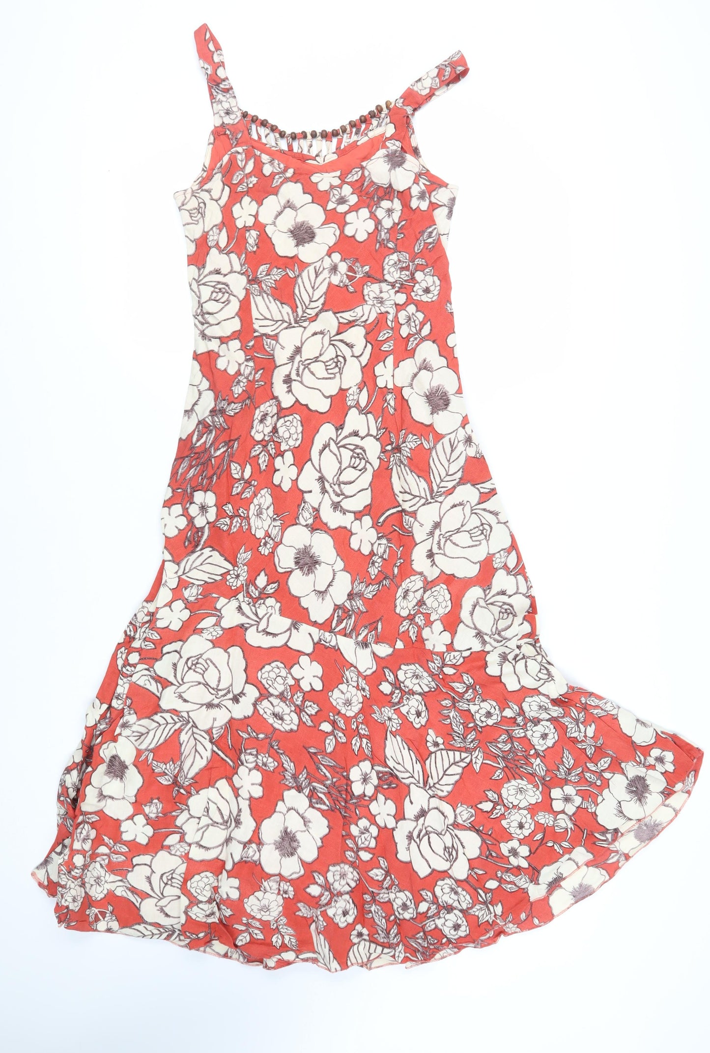 Pomodoro Womens Red Floral Linen Tank Dress Size 10 Round Neck Pullover - Beaded Neckline