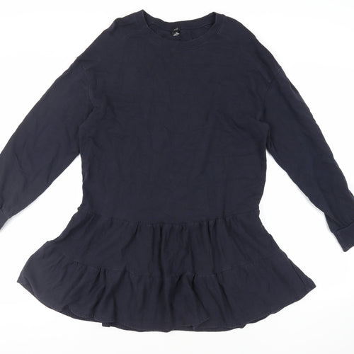 River Island Womens Blue Cotton Jumper Dress Size M Crew Neck Pullover - Ruffle