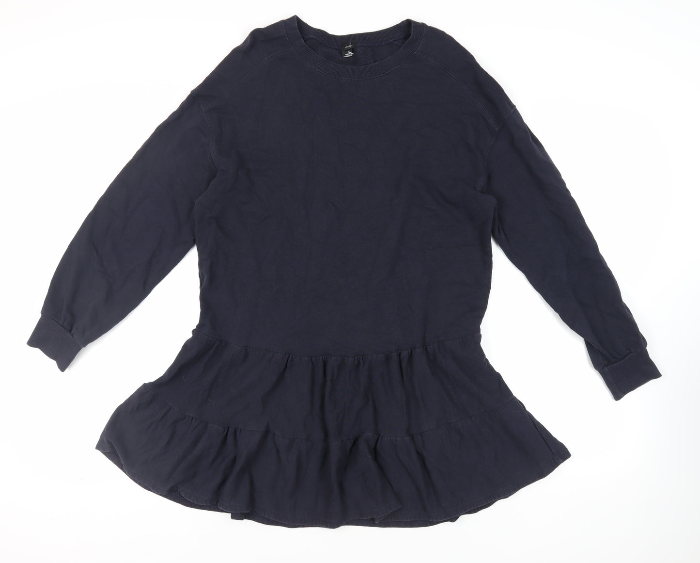 River Island Womens Blue Cotton Jumper Dress Size M Crew Neck Pullover - Ruffle