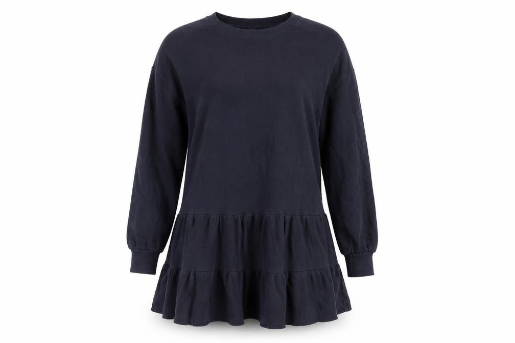 Front view of River Island women’s blue cotton jumper dress, size M, crew neck pullover - ruffle