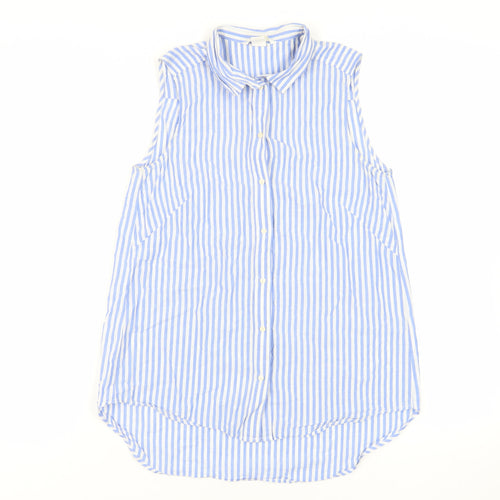 H&M Womens Blue Striped Polyester Basic Button-Up Size 6 Collared