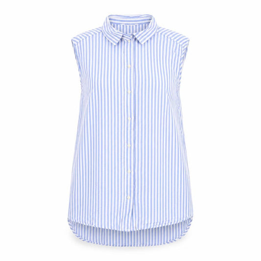 Front view of H&M women’s blue striped polyester basic button-up, size UK 6, collared