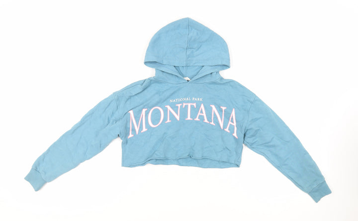 Montana Girls Blue Cotton Pullover Hoodie Size 10 Years Pullover - Cropped