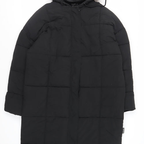 Missguided Womens Black Quilted Coat Size 14 Zip - Hooded