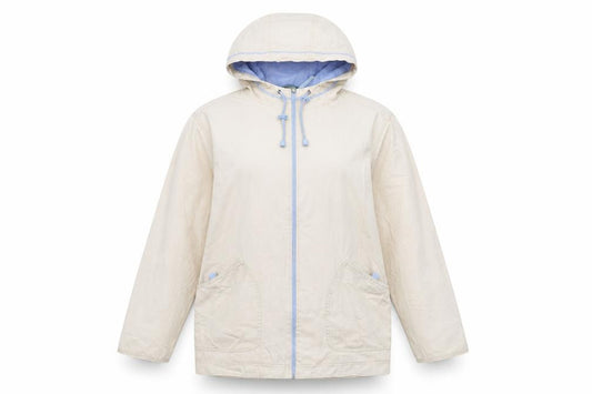 Front view of Marks & Spencer women’s beige jacket, size UK 12, zip - hooded