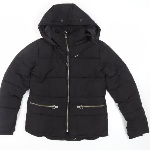 Topshop Womens Black Puffer Jacket Jacket Size 8 Zip - Hooded Zipped Pockets