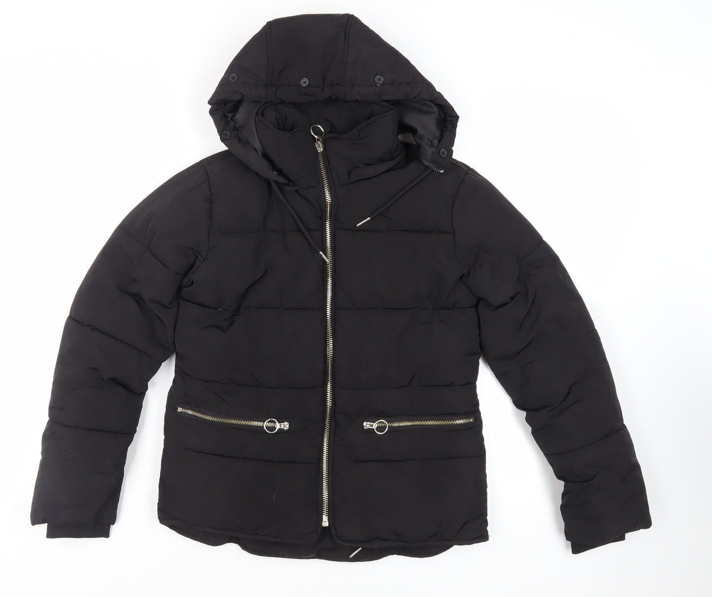 Topshop Womens Black Puffer Jacket Jacket Size 8 Zip - Hooded Zipped Pockets