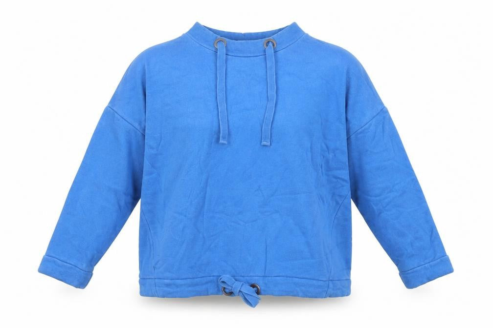 Front view of John Lewis women’s blue cotton pullover sweatshirt, size S, pullover