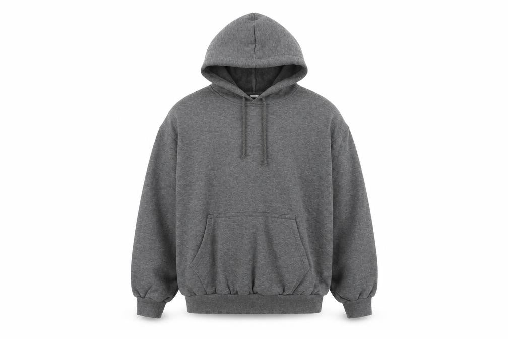 Front view of C&A men’s grey acrylic pullover hoodie, size M, - pockets