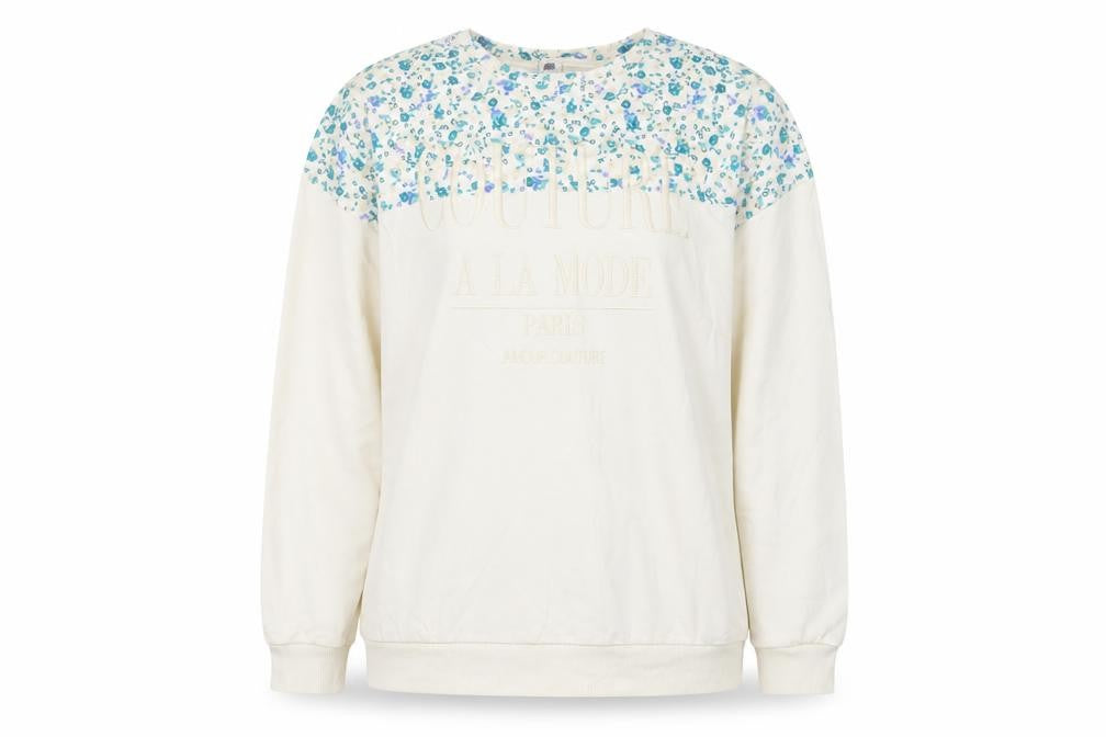 Front view of River Island women’s ivory floral cotton pullover sweatshirt, size M, pullover