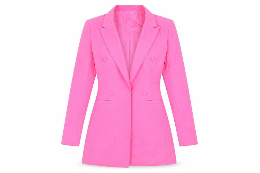 Front view of PRETTYLITTLETHING women’s pink jacket blazer, size UK 6, snap