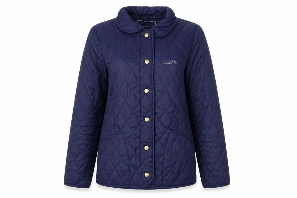 Front view of Mountain Life women’s blue quilted jacket, size UK 10, snap - lightweight