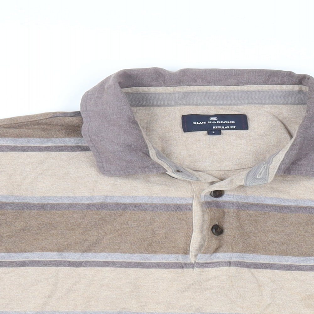 Blue Harbour Mens Brown Striped Cotton Polo Size L Collared Button