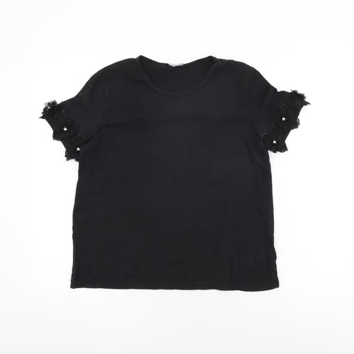 Zara Womens Black Cotton Basic T-Shirt Size S Round Neck - Floral Hem on Sleeves