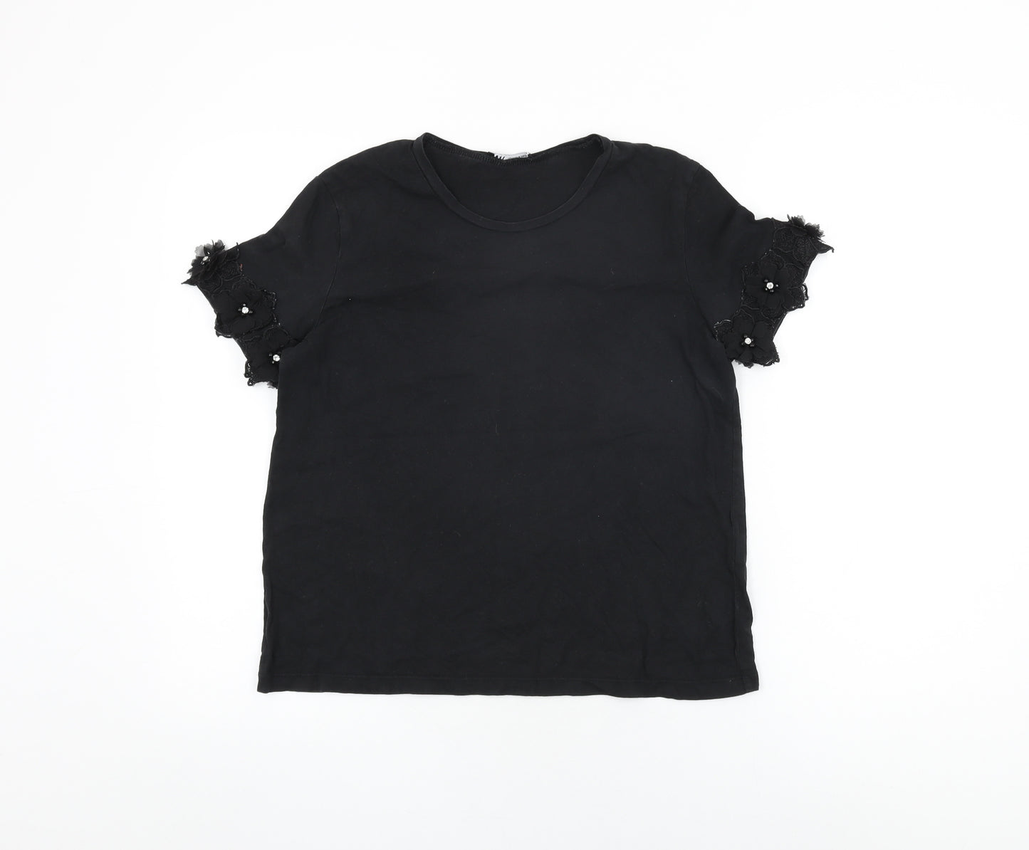 Zara Womens Black Cotton Basic T-Shirt Size S Round Neck - Floral Hem on Sleeves
