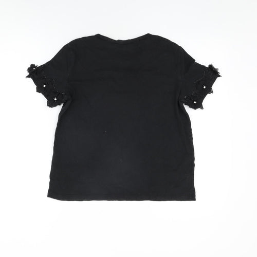Zara Womens Black Cotton Basic T-Shirt Size S Round Neck - Floral Hem on Sleeves