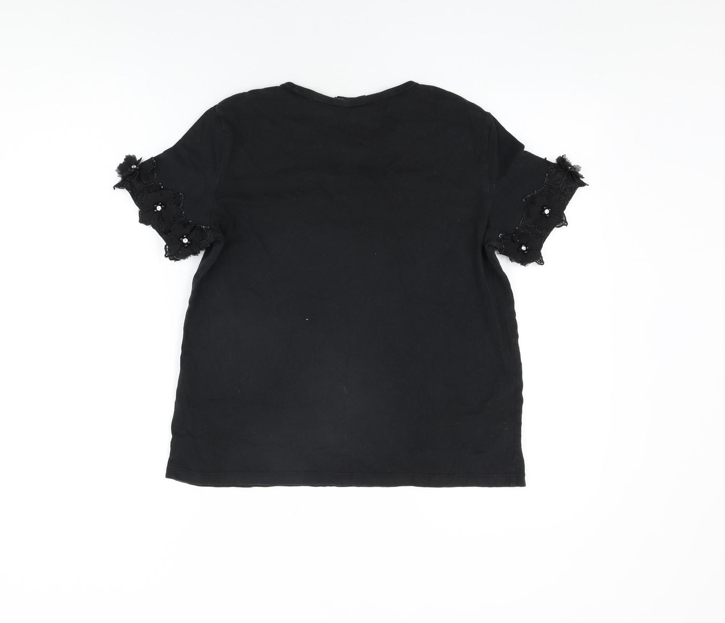 Zara Womens Black Cotton Basic T-Shirt Size S Round Neck - Floral Hem on Sleeves