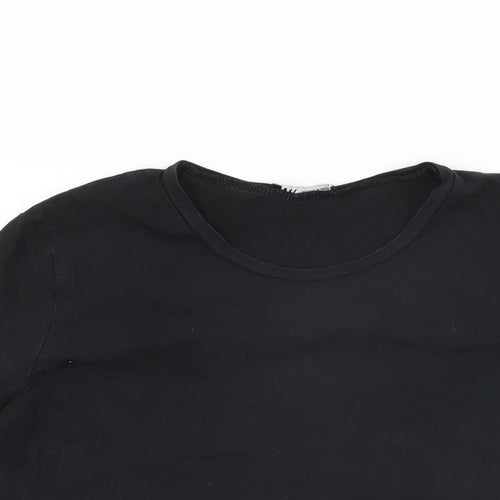 Zara Womens Black Cotton Basic T-Shirt Size S Round Neck - Floral Hem on Sleeves