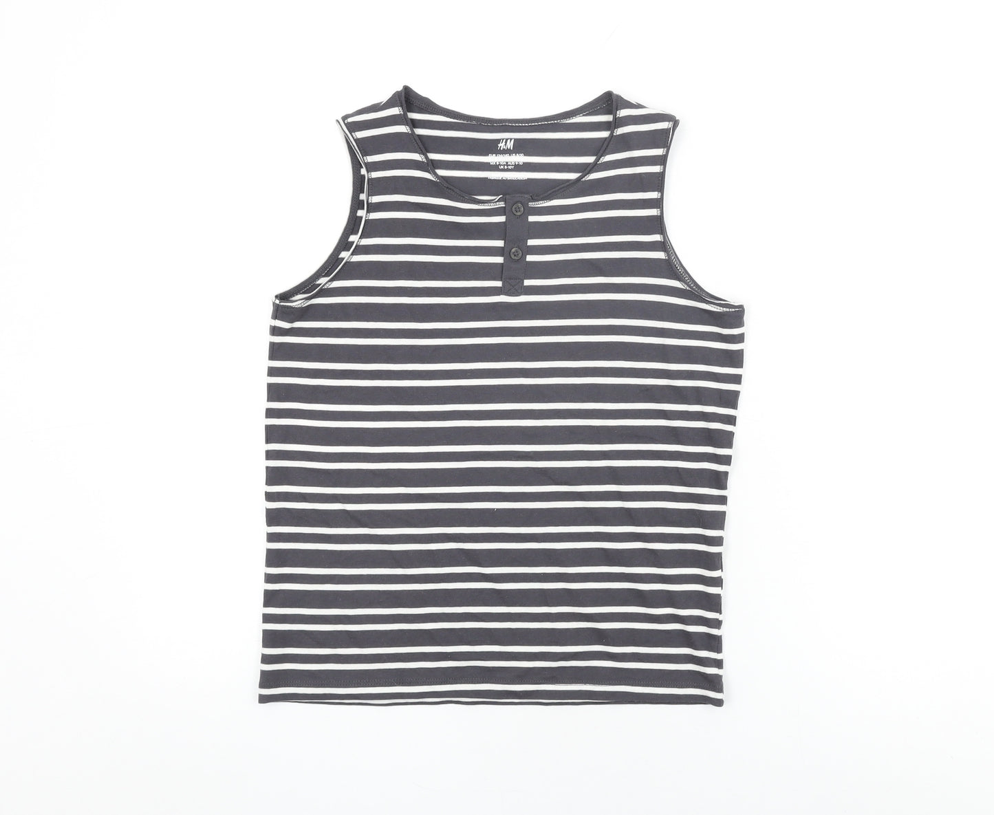 H&M Girls Grey Striped Cotton Basic Tank Size 9-10 Years Round Neck Pullover - 8-10 Years