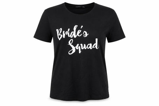 Front view of Boohoo women’s black viscose basic t-shirt, size UK 10, round neck - bride's squad