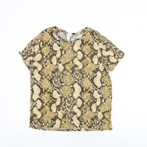 H&M Womens Beige Animal Print Cotton Basic T-Shirt Size S Round Neck - Snake Print