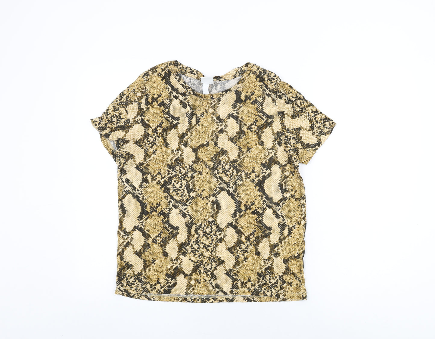 H&M Womens Beige Animal Print Cotton Basic T-Shirt Size S Round Neck - Snake Print