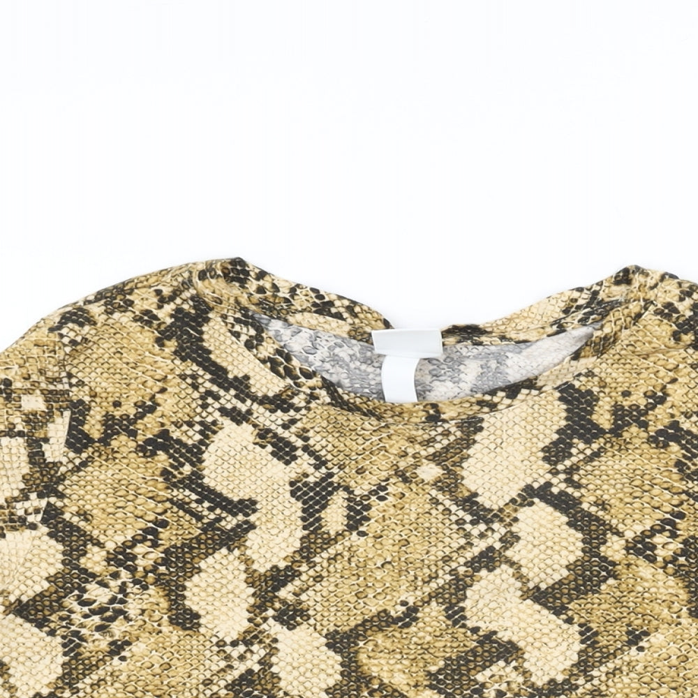 H&M Womens Beige Animal Print Cotton Basic T-Shirt Size S Round Neck - Snake Print