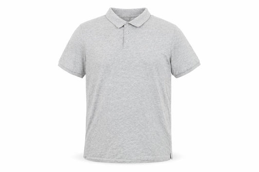 Front view of Fluid men’s grey cotton polo, size L, collared button