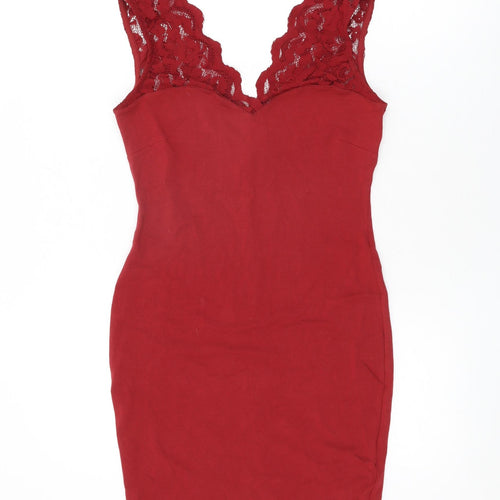 H&M Womens Red Cotton Bodycon Size S V-Neck Pullover