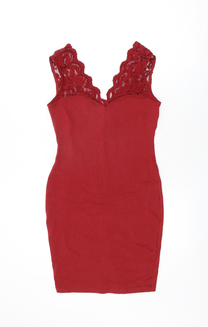 H&M Womens Red Cotton Bodycon Size S V-Neck Pullover