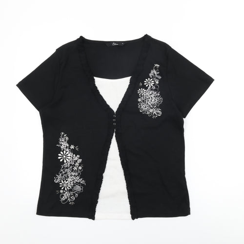 BM Collection Womens Black Floral Polyester Basic T-Shirt Size M Round Neck