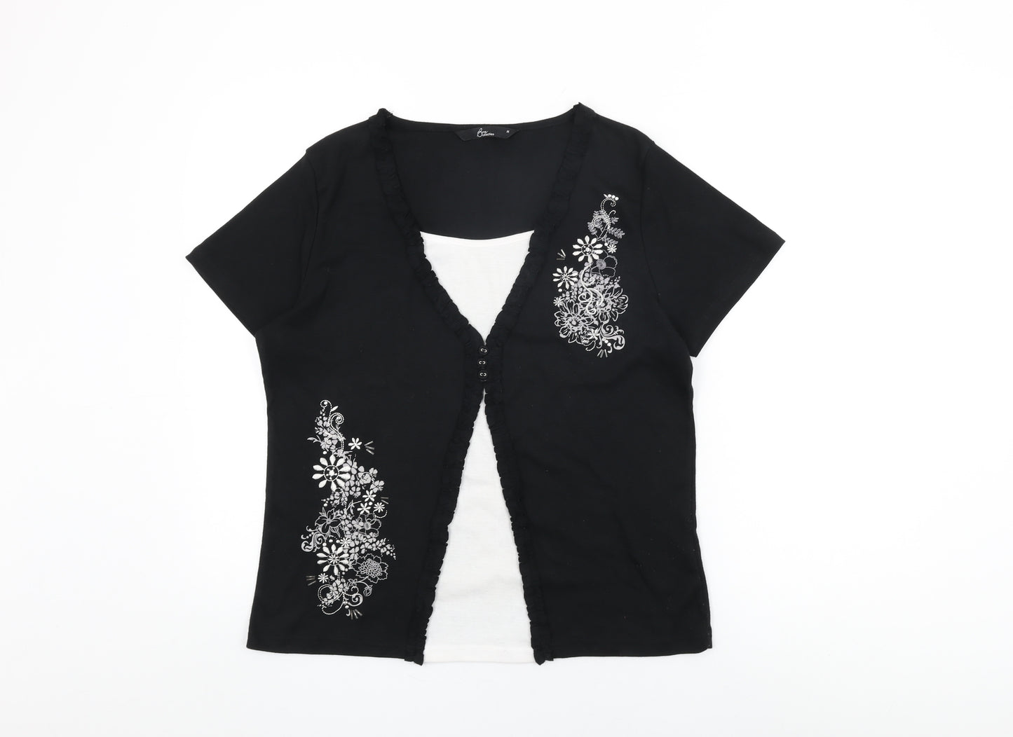 BM Collection Womens Black Floral Polyester Basic T-Shirt Size M Round Neck