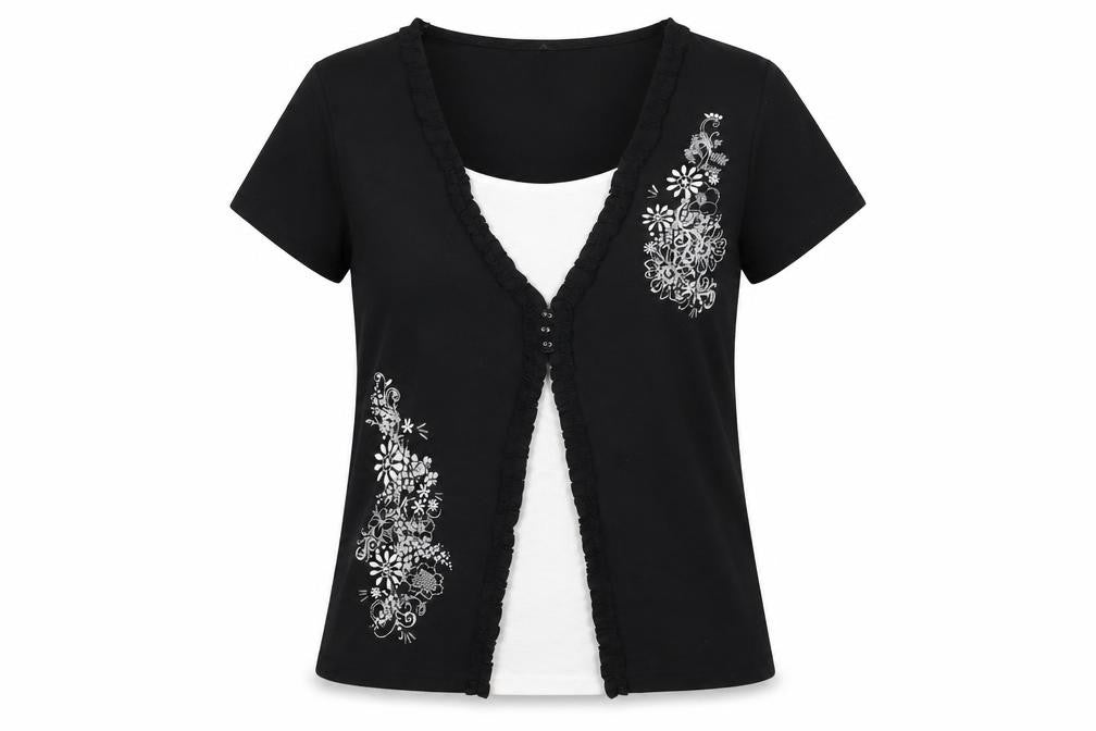 Front view of Bonmarché women’s black floral polyester basic t-shirt, size M, round neck