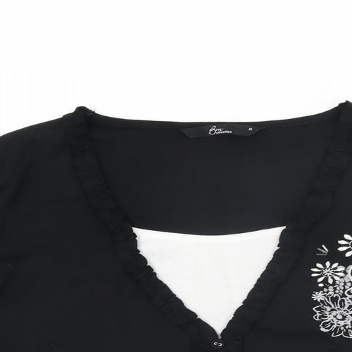 BM Collection Womens Black Floral Polyester Basic T-Shirt Size M Round Neck