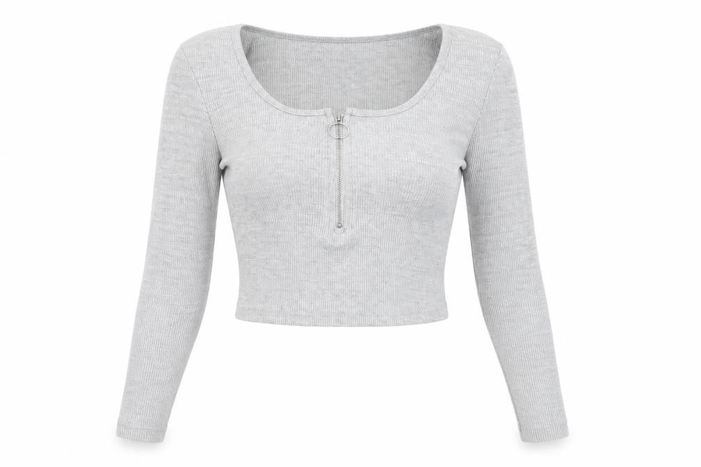 Front view of Missguided women’s grey polyester cropped t-shirt, size UK 8, square neck