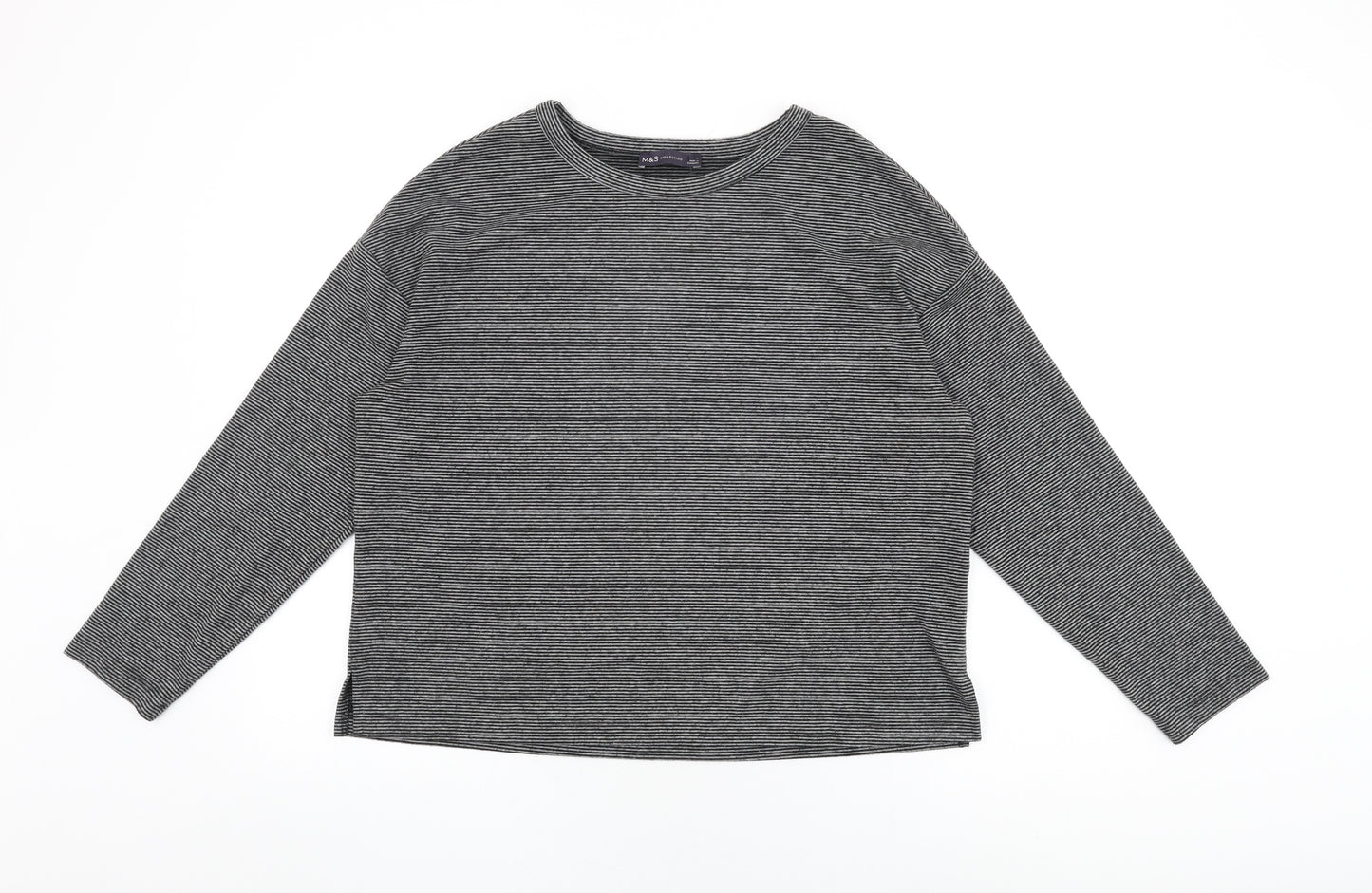 Marks and Spencer Womens Grey Striped Viscose Basic T-Shirt Size 14 Round Neck