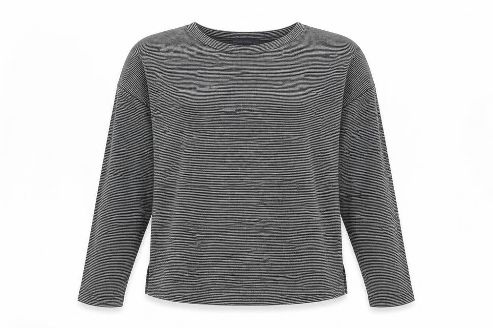 Front view of Marks & Spencer women’s grey striped viscose basic t-shirt, size UK 14, round neck