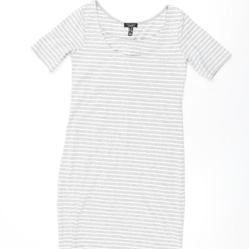 New Look Womens Grey Striped Cotton Bodycon Size 10 Round Neck Pullover
