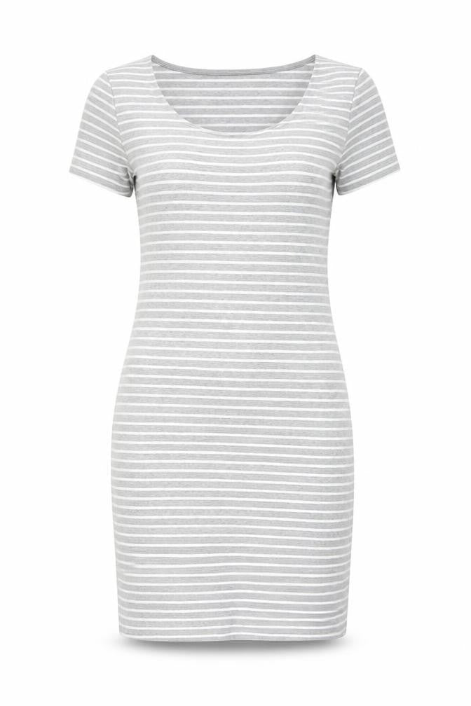 Front view of New Look women’s grey striped cotton bodycon, size UK 10, round neck pullover