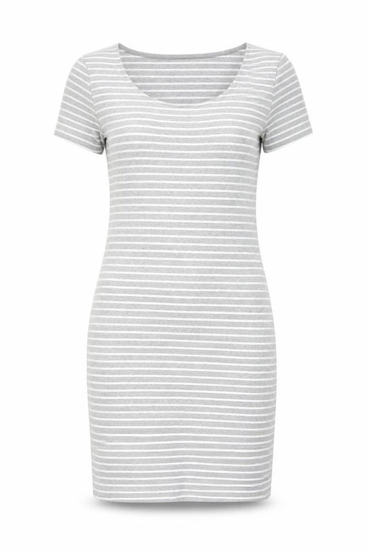Front view of New Look women’s grey striped cotton bodycon, size UK 10, round neck pullover