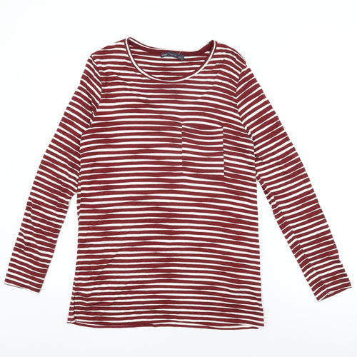 Marks and Spencer Womens Red Striped Viscose Basic T-Shirt Size 10 Round Neck