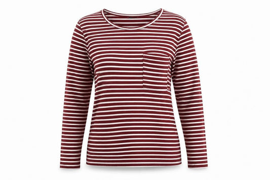 Front view of Marks & Spencer women’s red striped viscose basic t-shirt, size UK 10, round neck