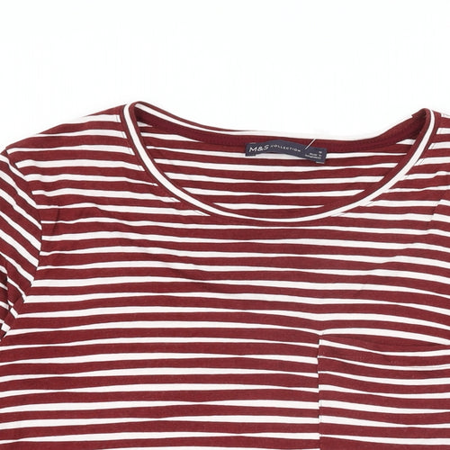 Marks and Spencer Womens Red Striped Viscose Basic T-Shirt Size 10 Round Neck