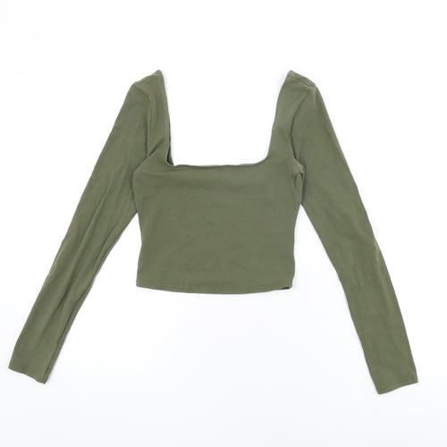 Miss Selfridge Womens Green Cotton Cropped T-Shirt Size 8 Square Neck
